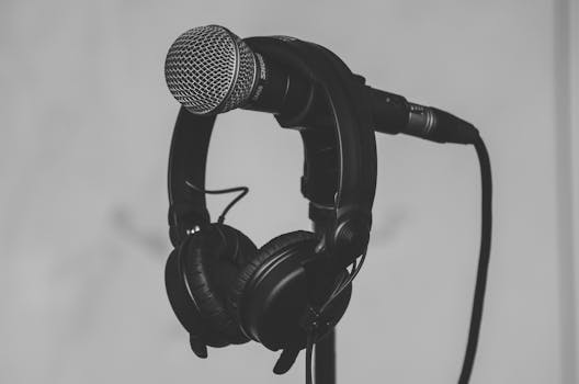 Black and white close-up of a microphone and headphones on a stand, perfect for music and recording studio themes.